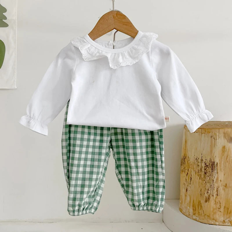 Infant Long Sleeve Stripe T-shirt + Grid Pants Set