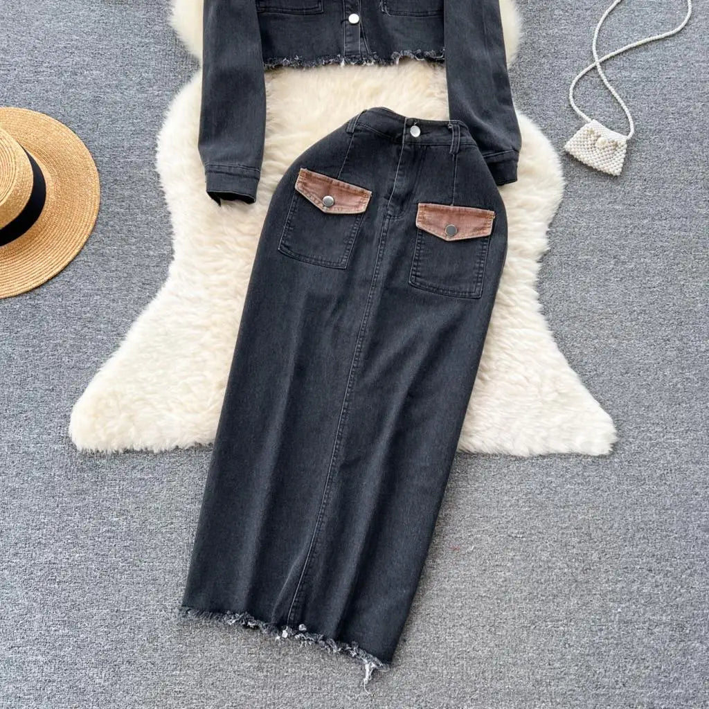 Denim Lapel Cropped Coat + Full-Length Skirt 2pc Set