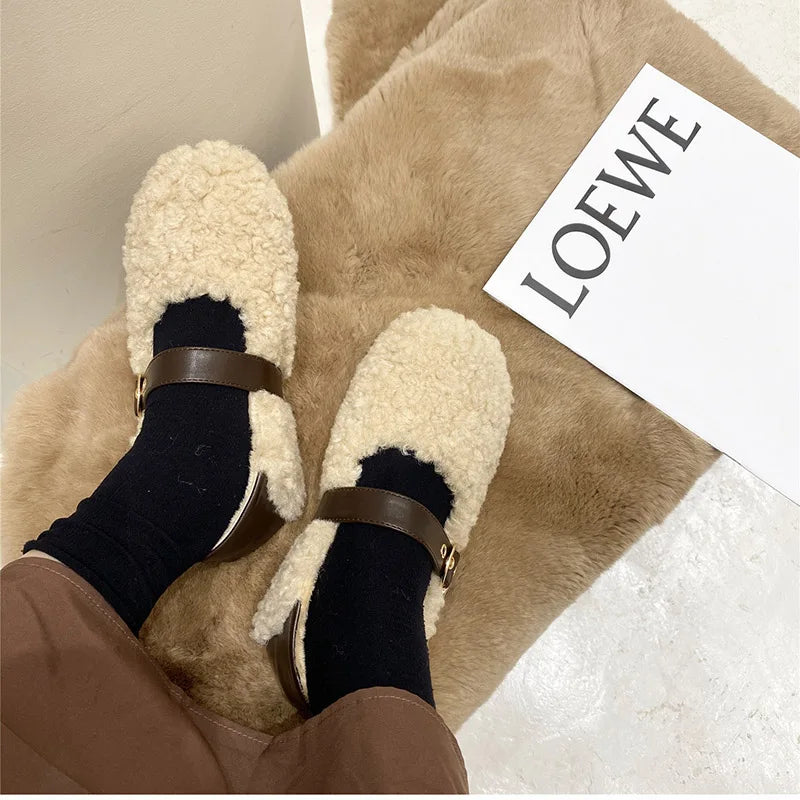 Women's Ballet Loafer Lambhair Shallow Slip On Fur Shoes