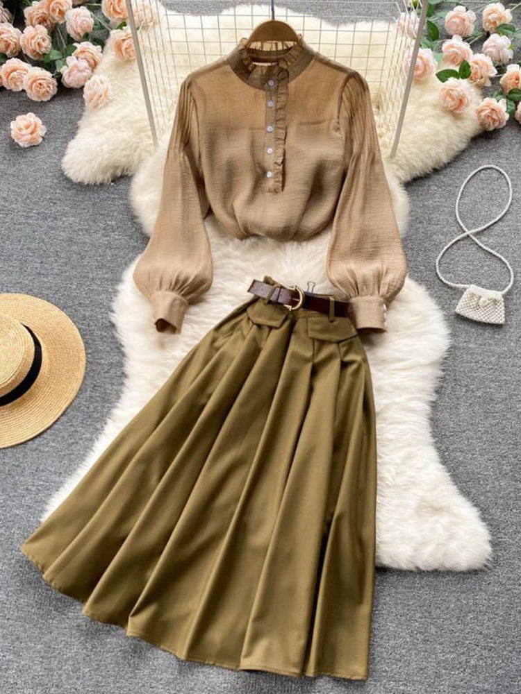 Stand Collar Puff Sleeve Ruffled Top + Empire Slim Skirt Suit