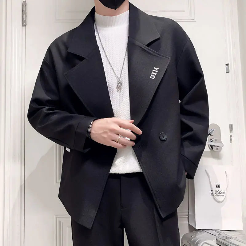 Cropped Oversize Double Breasted Gray + BLK Men's Trench Coat