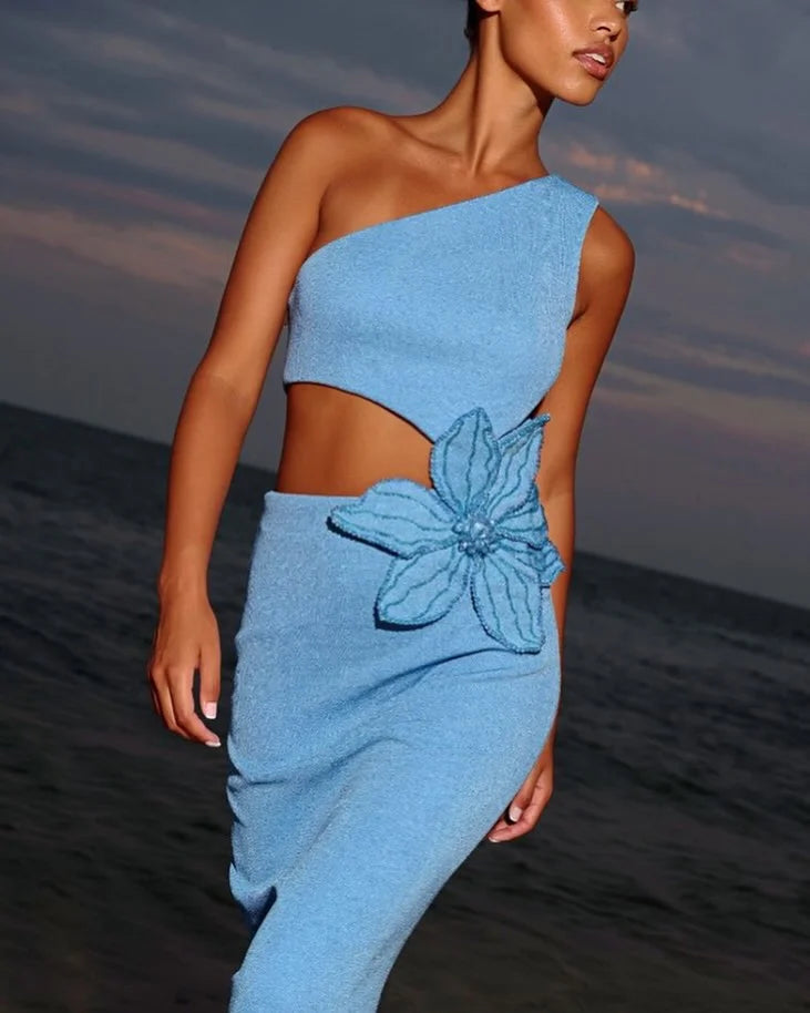 Sky Blue Asymmetrical Shoulder Hollow Out Bodycon Midi Dress