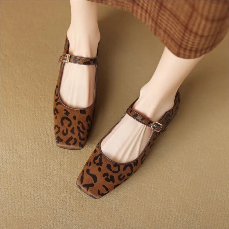 BLK + Leopard Square Toe Genuine Leather Buckle Strap Low Thick Casual Heel