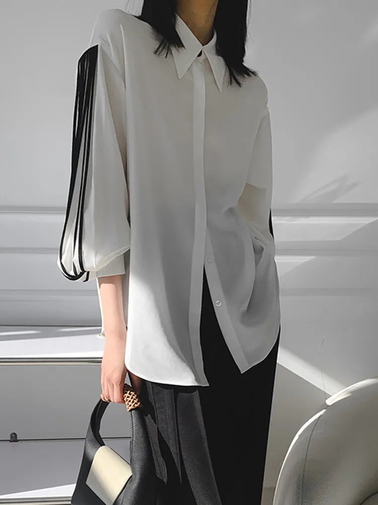 Striped Blouse Lapel Lantern Sleeve BLK + WHITE Patchwork Loose Casual Blouse