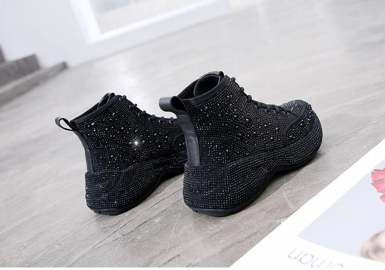 Rhinestone Genuine Leather BLK + WHITE Designer High-Top Sneakers