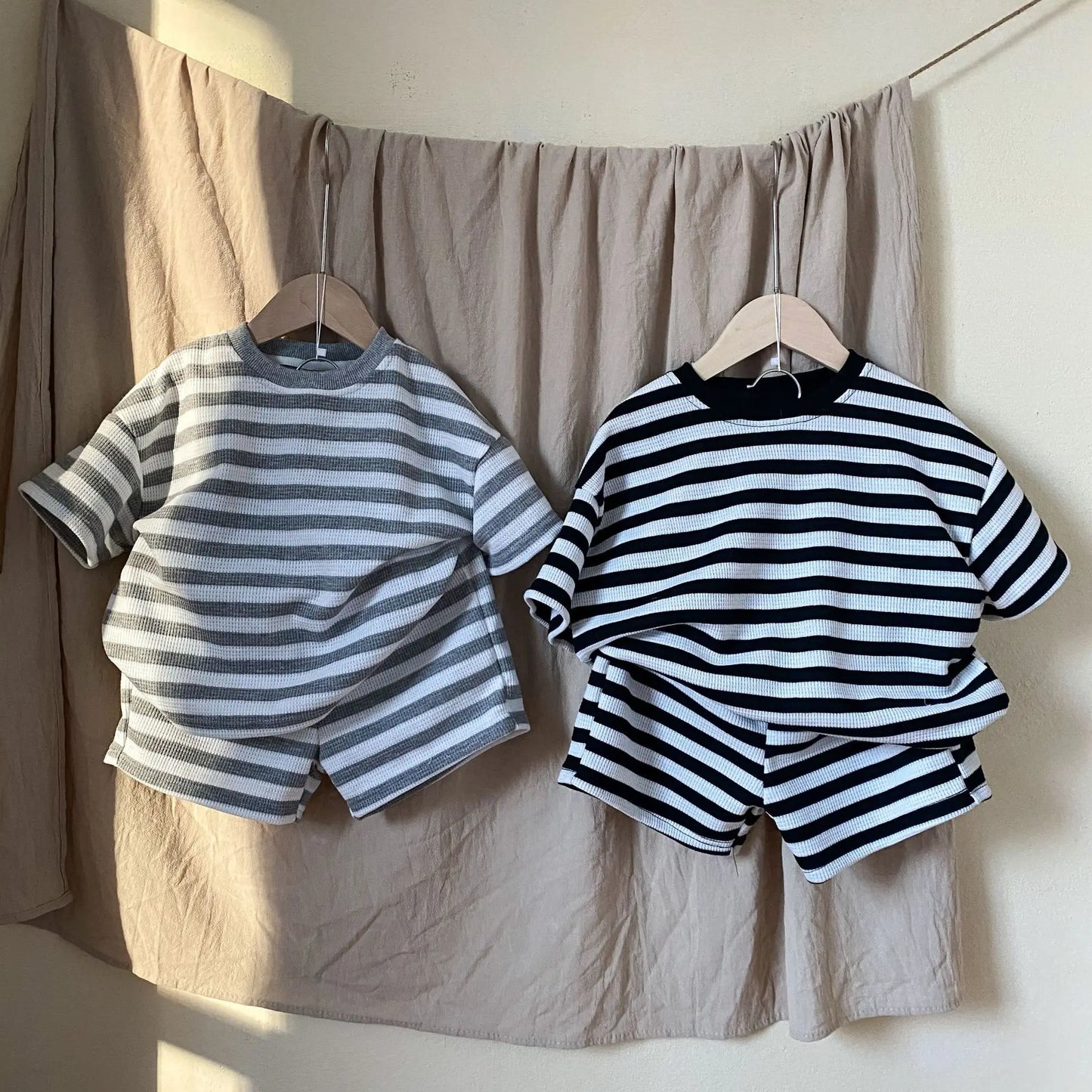 Siblings Striped Boys + Girls T Shirts + Shorts 2pc Suit Sports Set