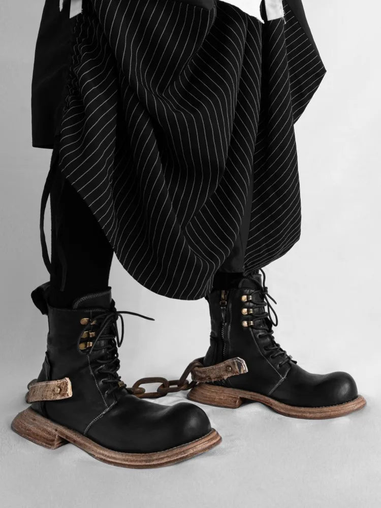 Genuine Leather BLK Ankle Winter Back Strap Lace-Up Boots