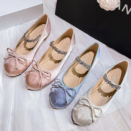 Rhinestone Ballet Elastic Band Bowtie Silk Round Toe Flat Shoes