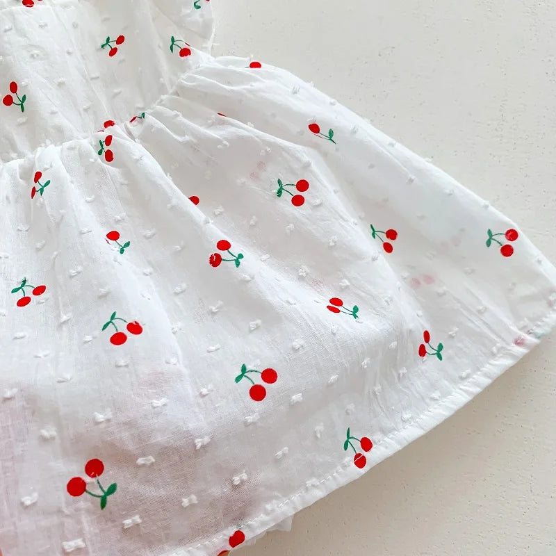 WHITE Cherry Princess Fly Sleeve Romper Newborn-2Y