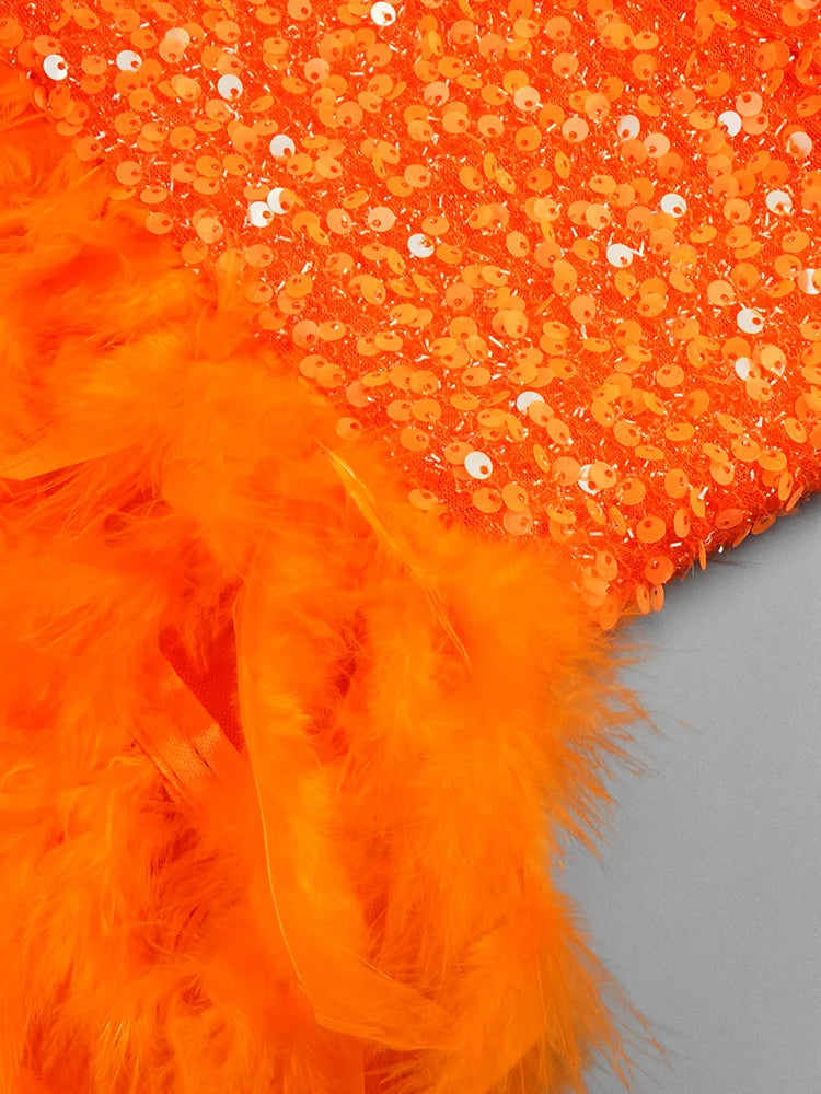 Sleeveless V-Neck Sequin Feather Orange Mini Dress