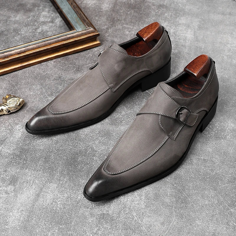 Italian Slip On Monk Strap BLK + Grey Genuine Leather Loafers