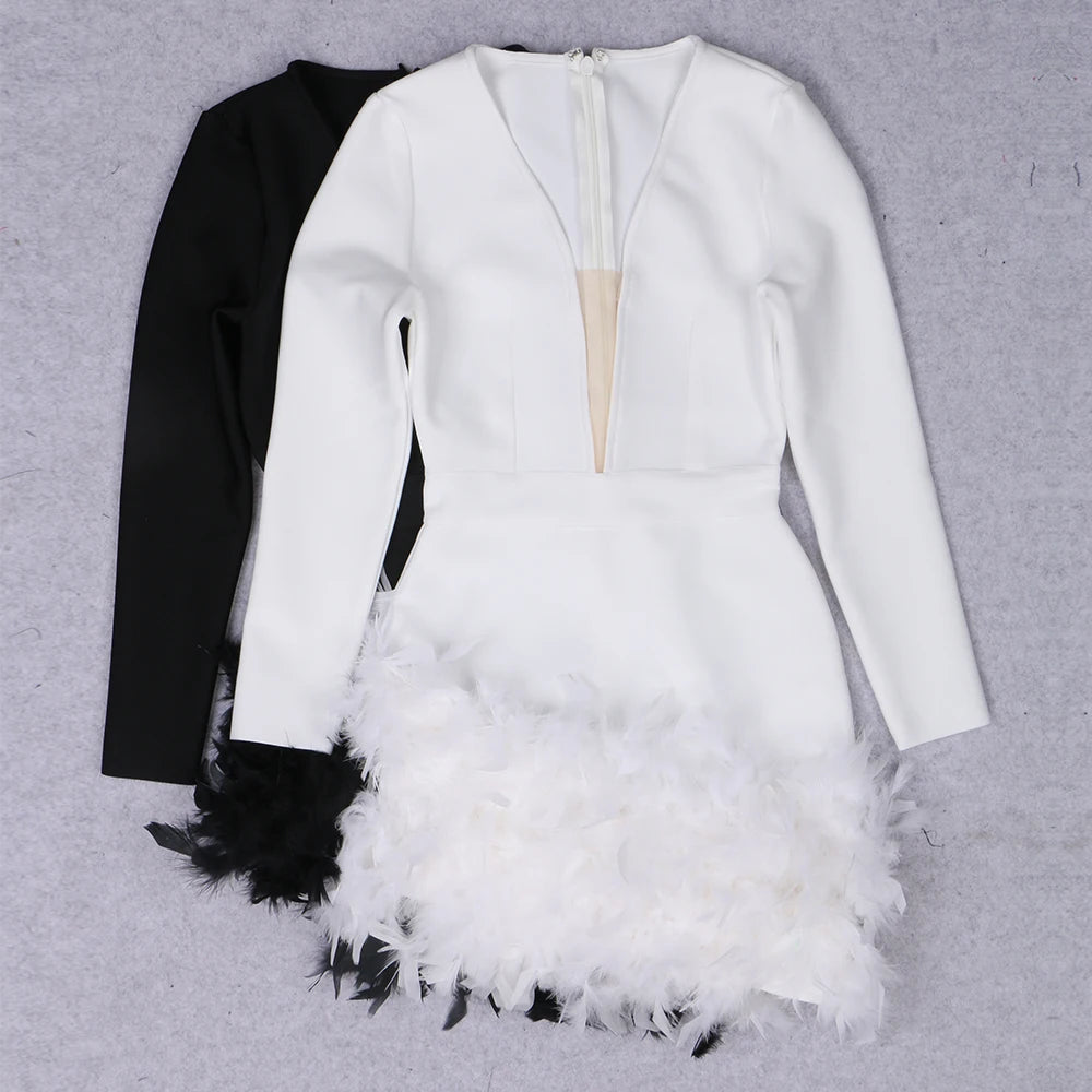 V Neck Long Sleeve Feather Black + White Mini Bandage Dress