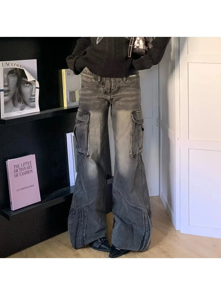 Retro Baggy Wide Leg Dark Grey Denim Women's Jeans