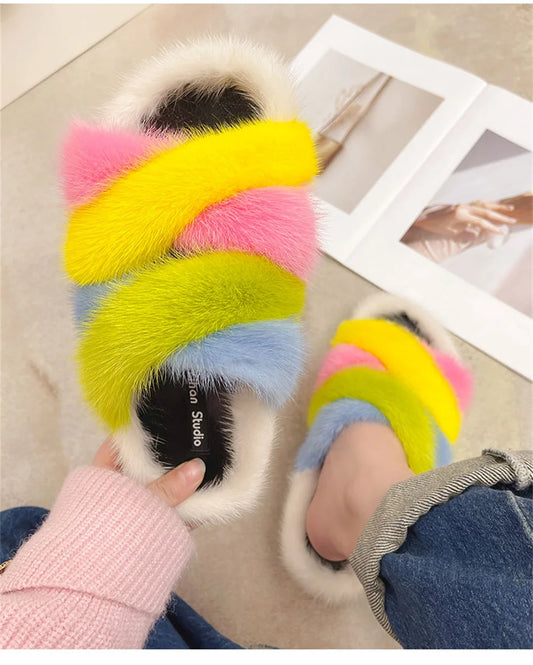 Women's Mink Slippers Multi-Colored Flat Slide Sandals