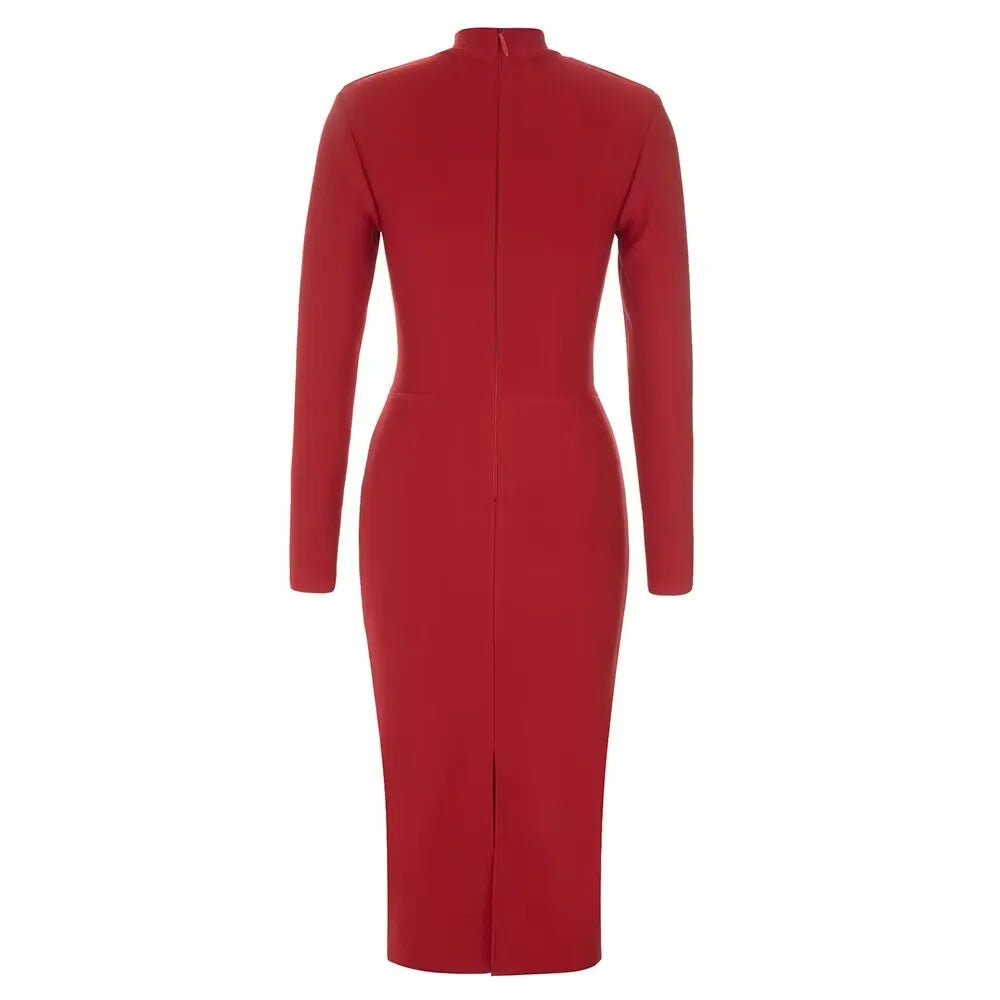 Red Hollow Out Pencil Long Sleeve Bodycon Dress