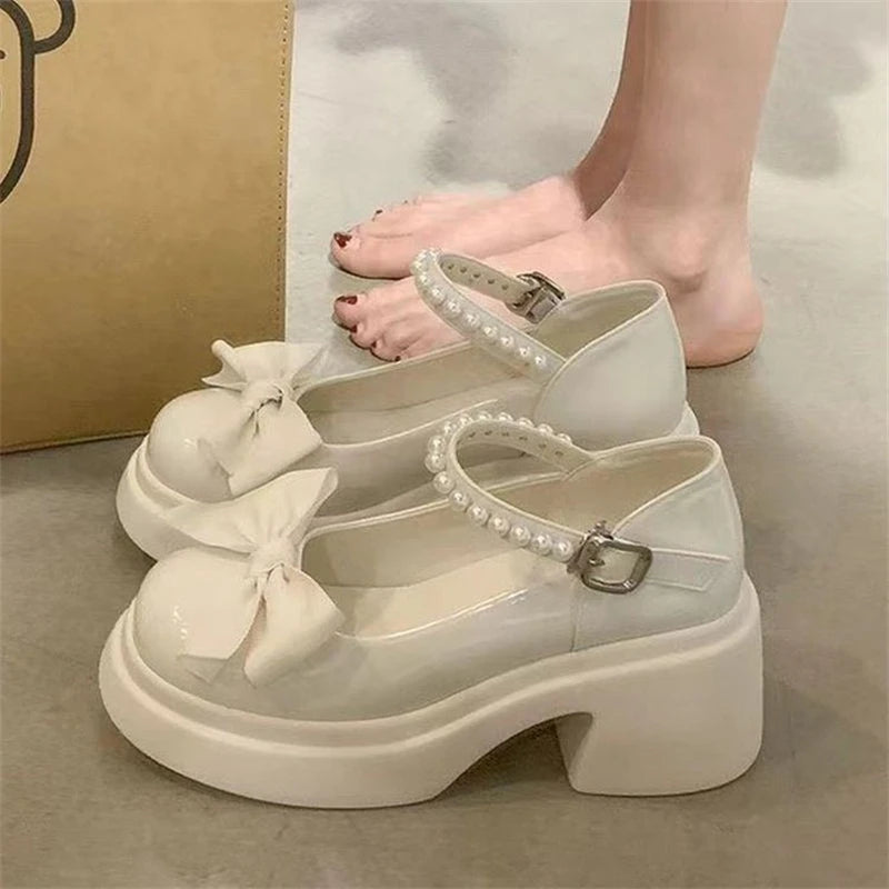 Bowknot Pearl Mary Jane Platform Heels