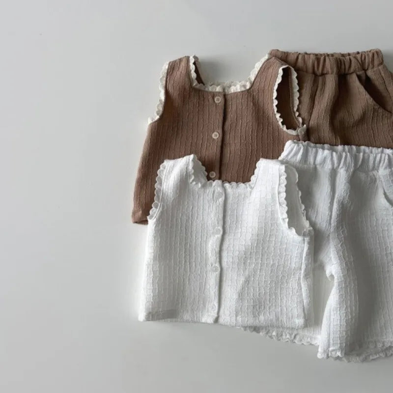 Girls Lace Ruffle Sleeveless Vests + Cropped Trousers