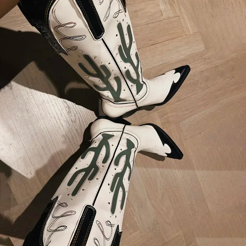 Vintage Cactus Embroidery Western Cowgirl Pointed Toe Boots