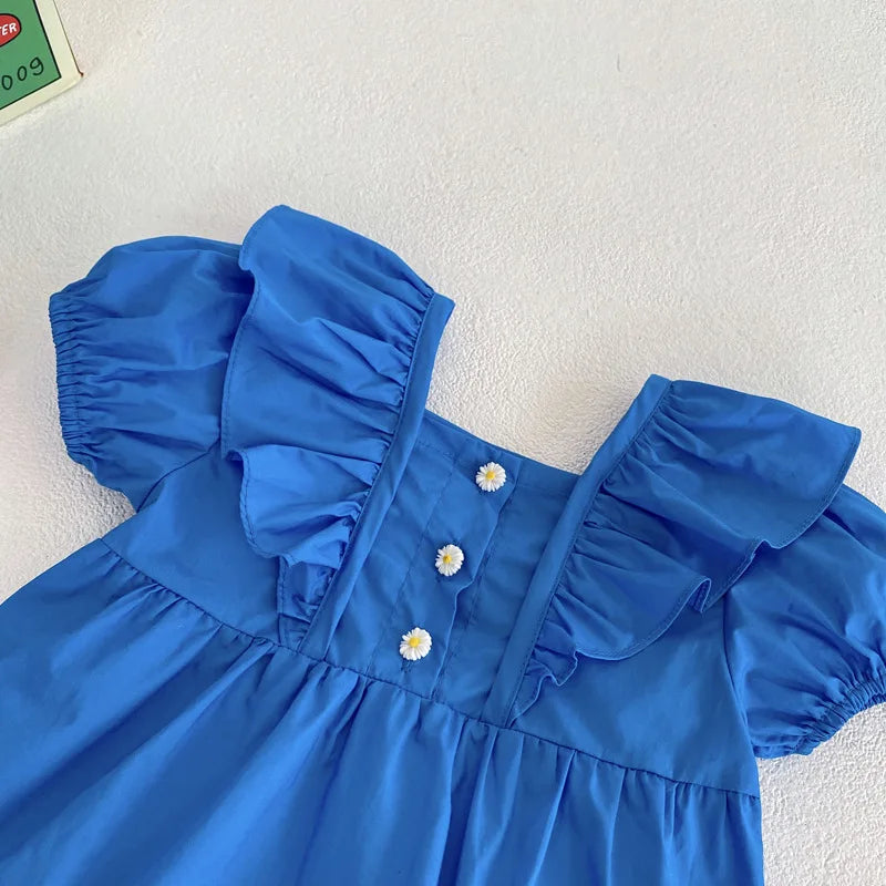 Blue Ruffled Sleeve Buttoned Bodysuit