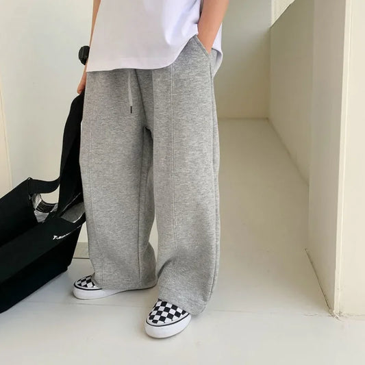 Kids Solid Casual Straight Thin Elastic Waist GREY + BLK Sweatpants