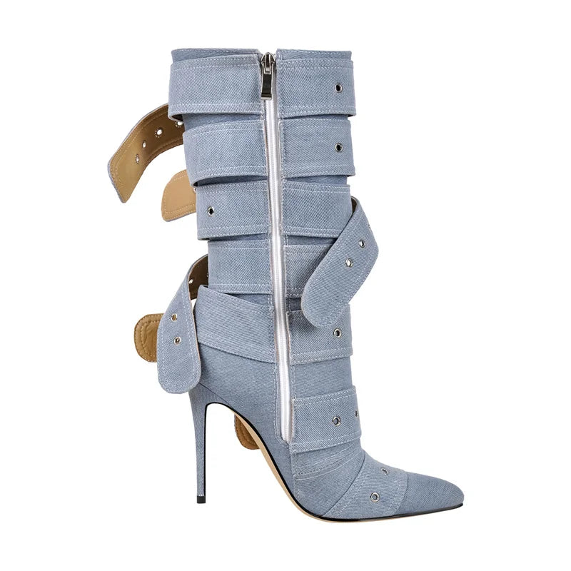 Pointed Toe Mid-Calf Buckle Strap Assorted Colors Zipper Stiletto Boots