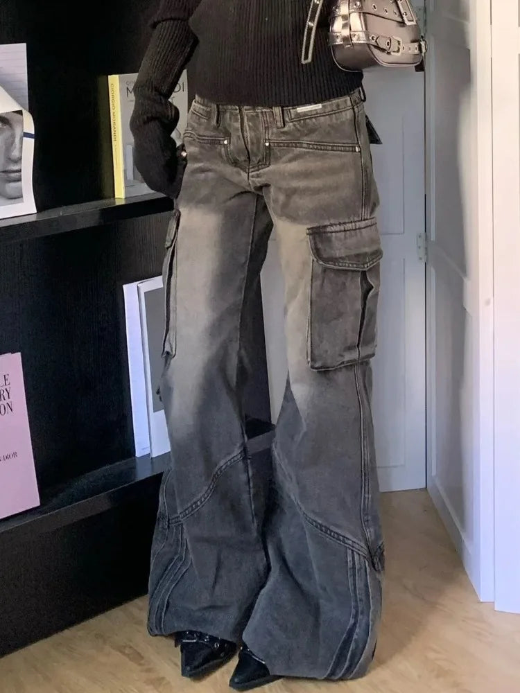 Retro Baggy Wide Leg Dark Grey Denim Women's Jeans