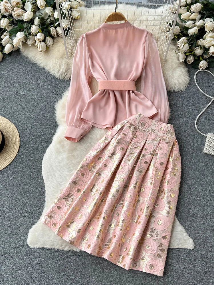 PINK Vintage Long Sleeve Blouse Top + A-line High Waist Print 2pc Suit