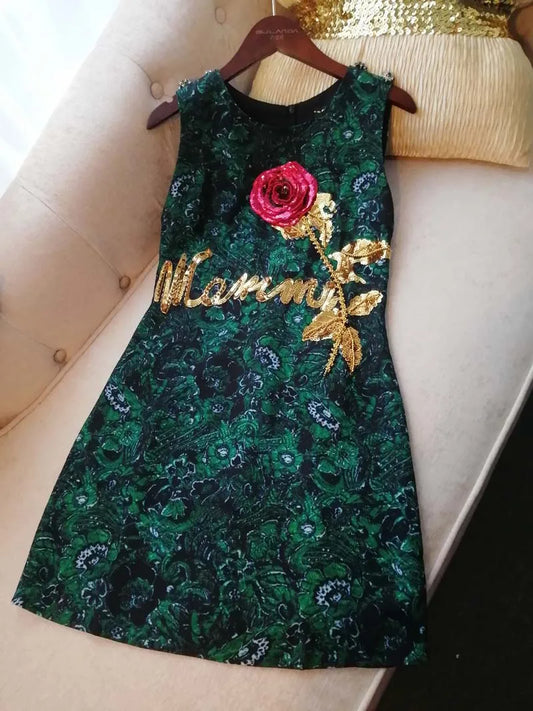 GREEN Rose A-line Sequins Beaded Buckle Sleeveless Vest Dress