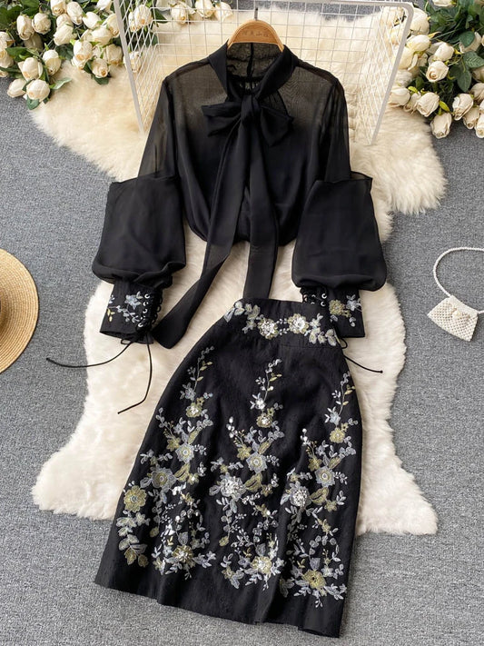 BLK Collar Bow Puff Sleeve Top + Floral Print Skirt Suit