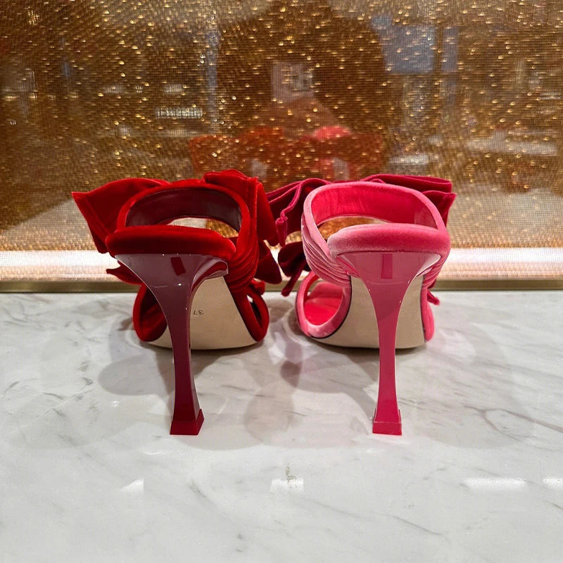 Bow Red + Pink Velvet Stiletto High Heels