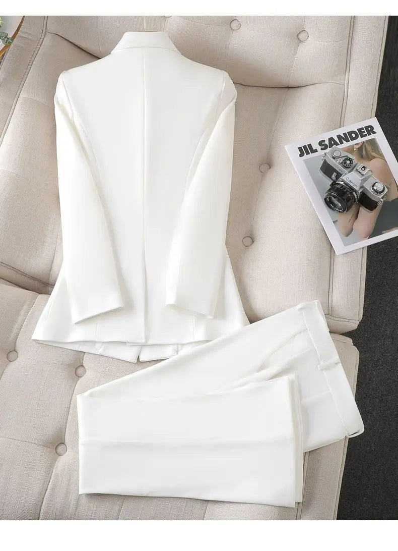 Solid WHITE & BLK Women's High Waist Pants Suit