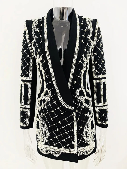 BLK Diamond Pearled Beaded Double Breasted Blazer Dress