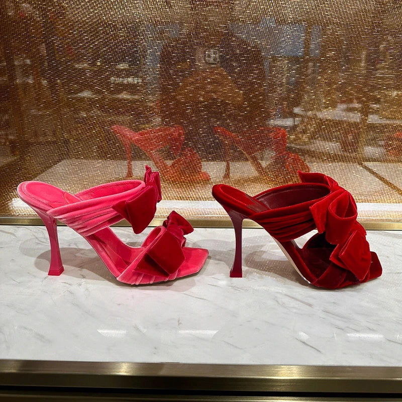 Bow Red + Pink Velvet Stiletto High Heels