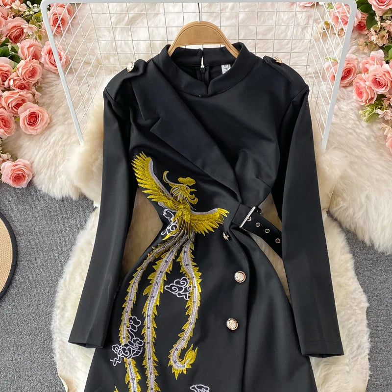 Embroidered Irregular Button Stand Neck Long Sleeve Midi Waist Dress + Belt