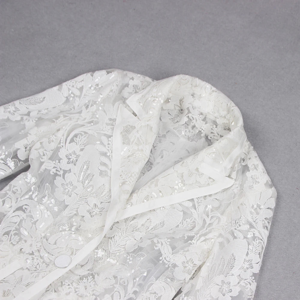 White Lace Embroidery Long Sleeve Blazer + Flare Pants 2pc Set