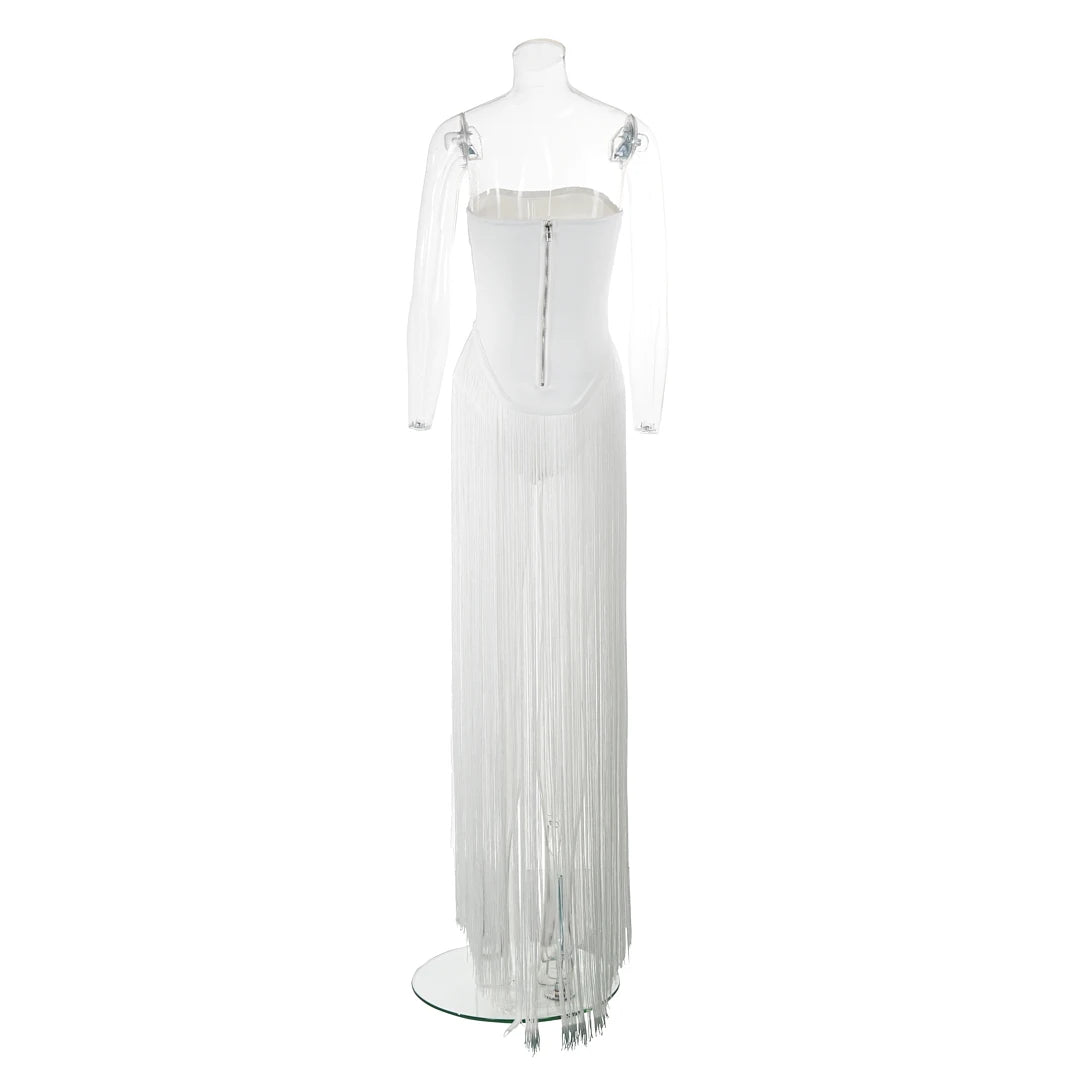 White Tassel Maxi Long Bodycon Dress