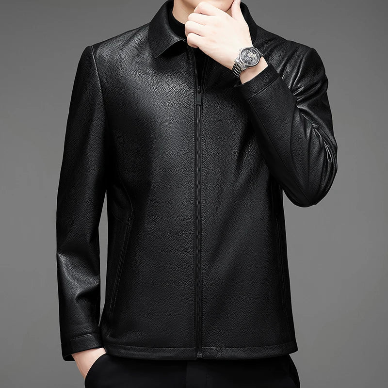 Buckskin Solid Turndown Collar Men's Leather Jacket