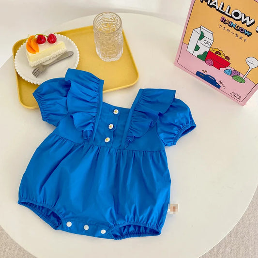 Blue Ruffled Sleeve Buttoned Bodysuit