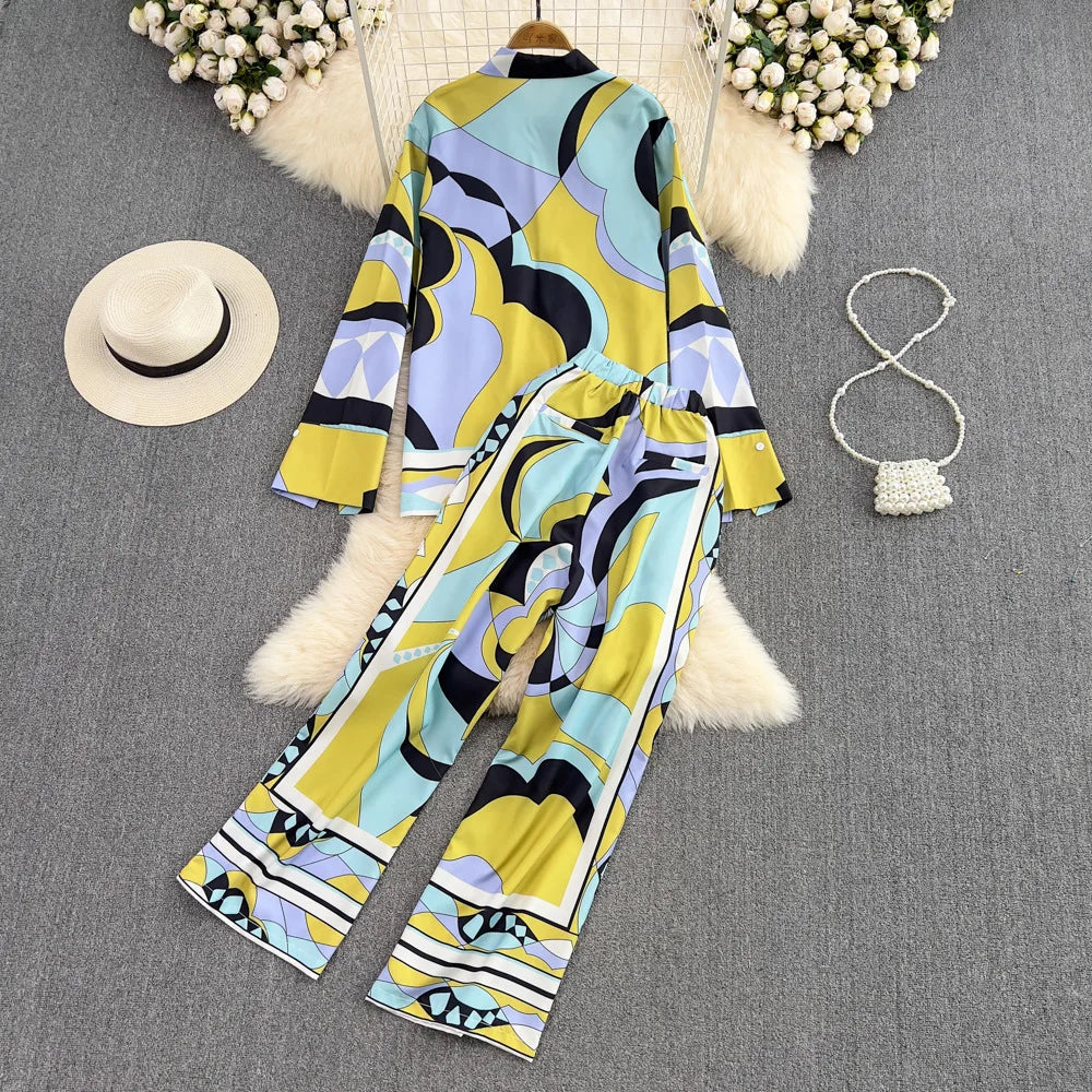 Thin Lapel Printed Long-sleeved Wide-leg 2pc Pijama Suit