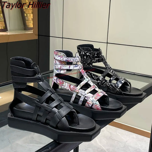 Open-Toe Thick-Soled Leather Flip-Flop High-Top Roman Sandals