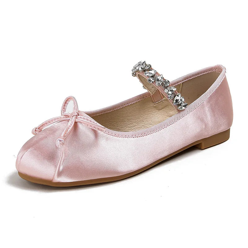 Rhinestone Ballet Elastic Band Bowtie Silk Round Toe Flat Shoes