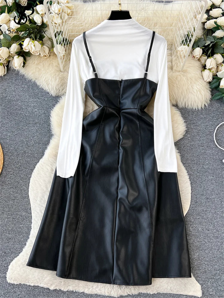 T Shirt +S trap Leather 2pc Dress Set