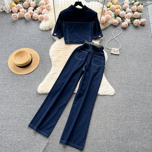 High Waist Retro Washed Denim Top + Wide Leg Vintage Jean Set