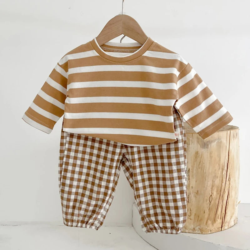 Infant Long Sleeve Stripe T-shirt + Grid Pants Set