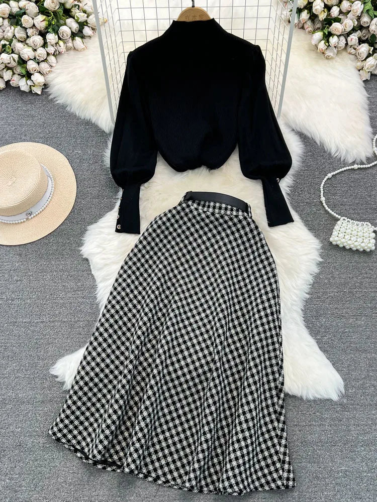 Chic Plaid Lantern Knitted Sweater + Patchwork Skirt Suit