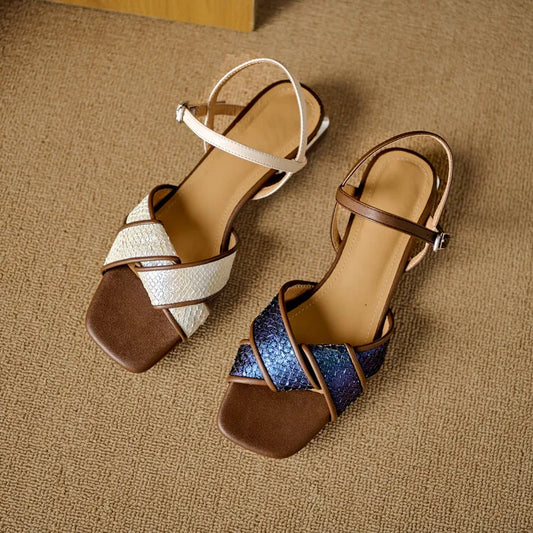 Chunky Low Mixed Color Ladies Sandal Heels