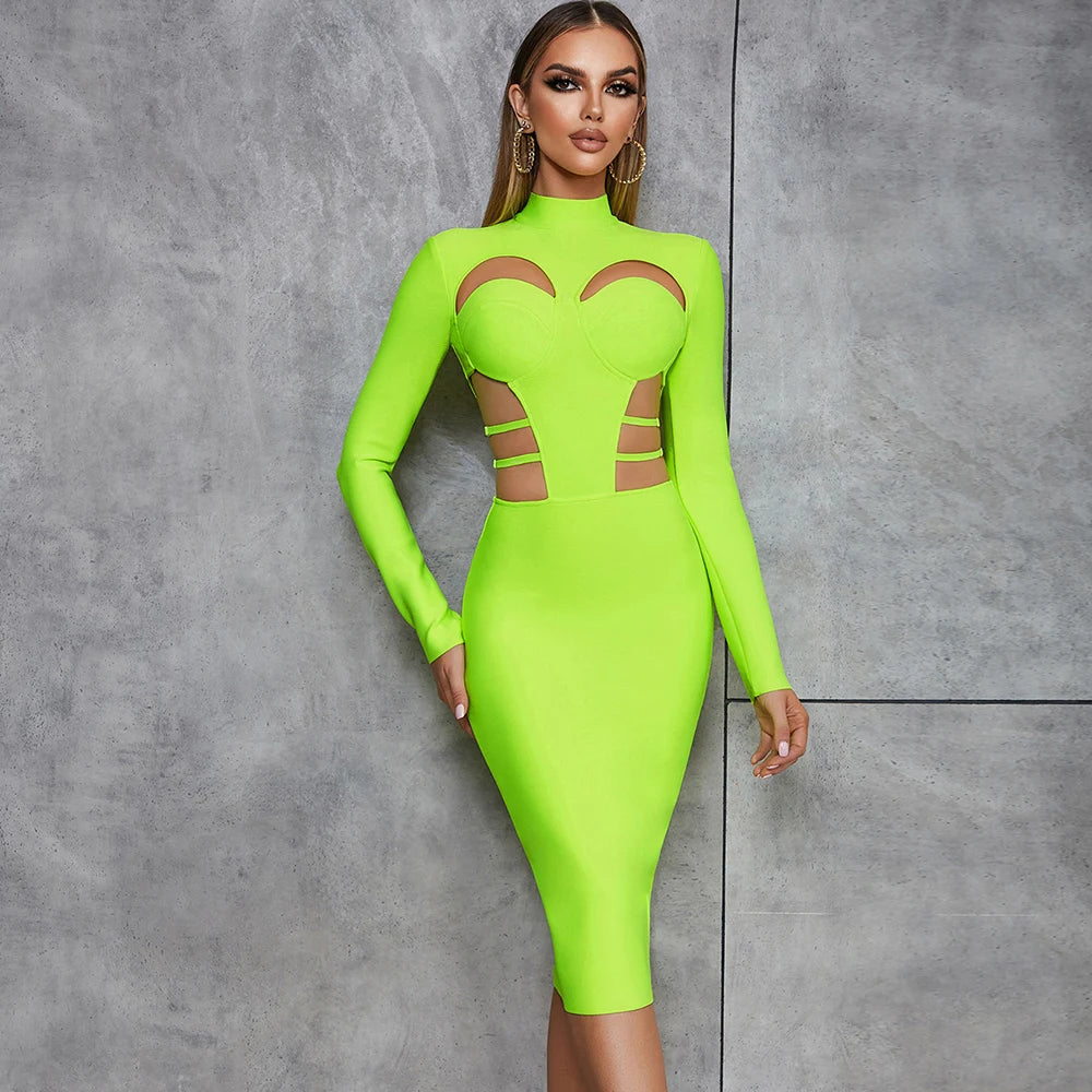 LIME Bandage Dress Sexy Hollow Out Bodycon Pencil Dress