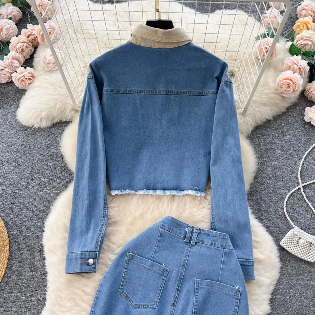 Denim Lapel Cropped Coat + Full-Length Skirt 2pc Set