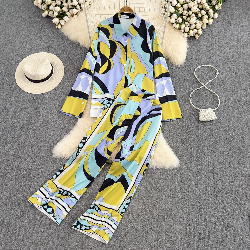 Thin Lapel Printed Long-sleeved Wide-leg 2pc Pijama Suit