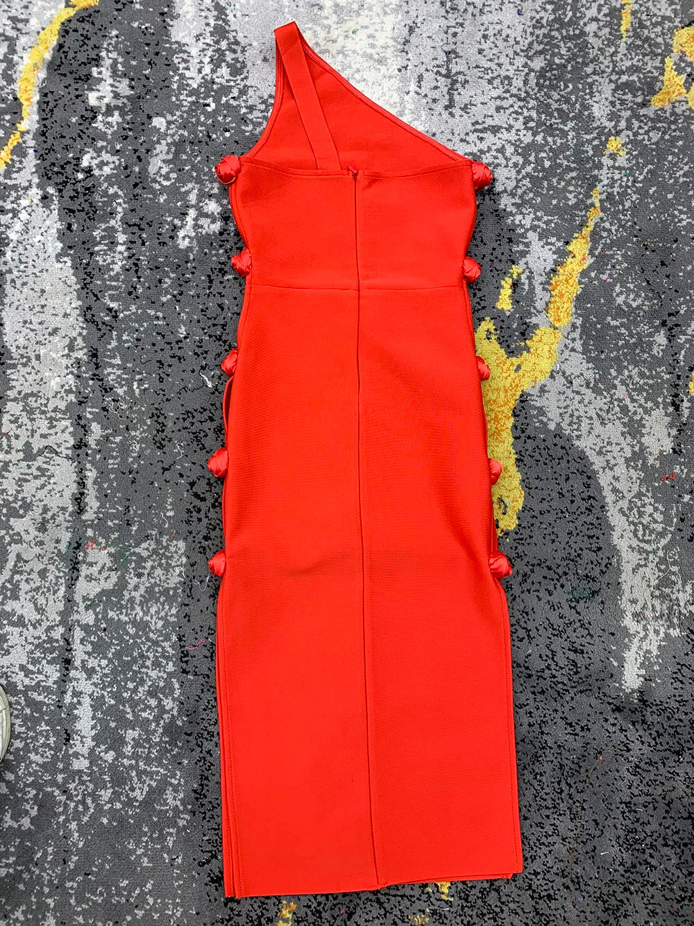 Red Diagonal Shoulder Sleeveless Flower Hollow Out High Split Bodycon Dress